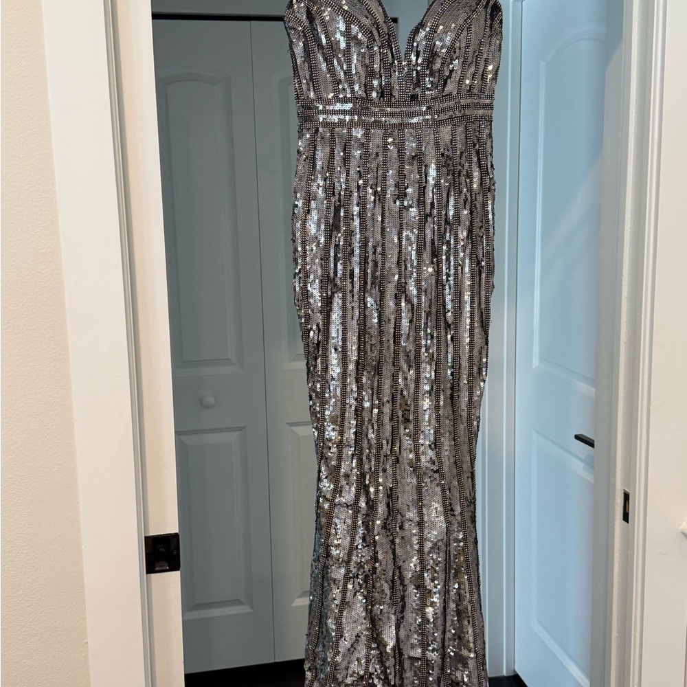 Jovani Silver Sequin Gown